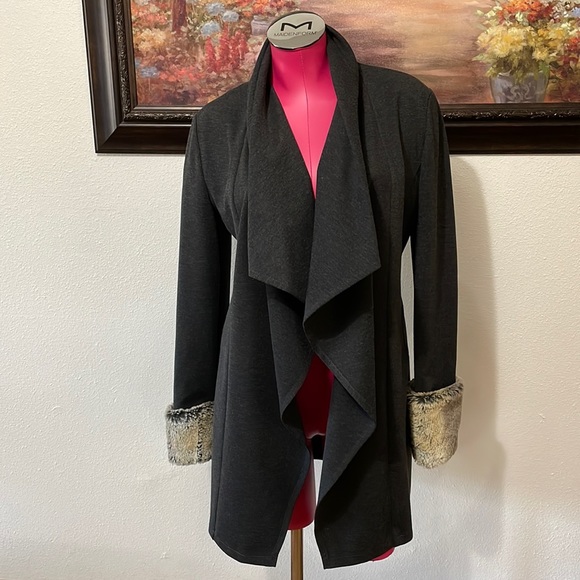 Joseph Ribkoff Long Open Front Lined Jacket Fur Cuffs Cardigan Blazer Coat 8 - Picture 1 of 16